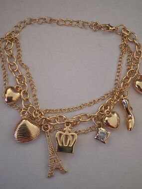Gold Charm Layered Bracelet with Eiffel Tower and Crown